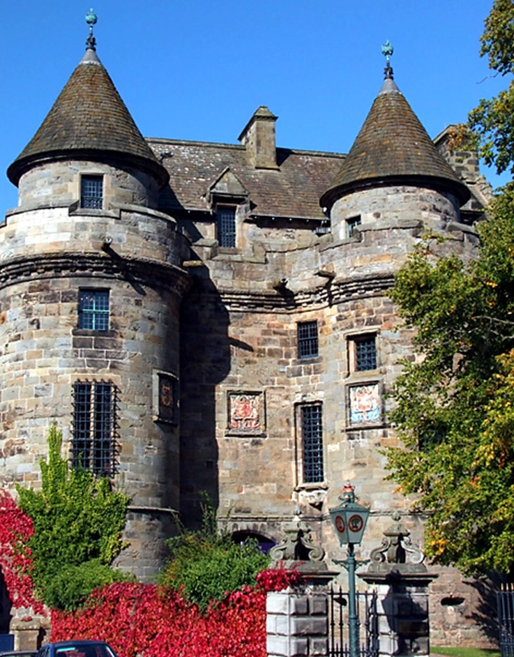 Falkland Palace frontage with twin conical towers