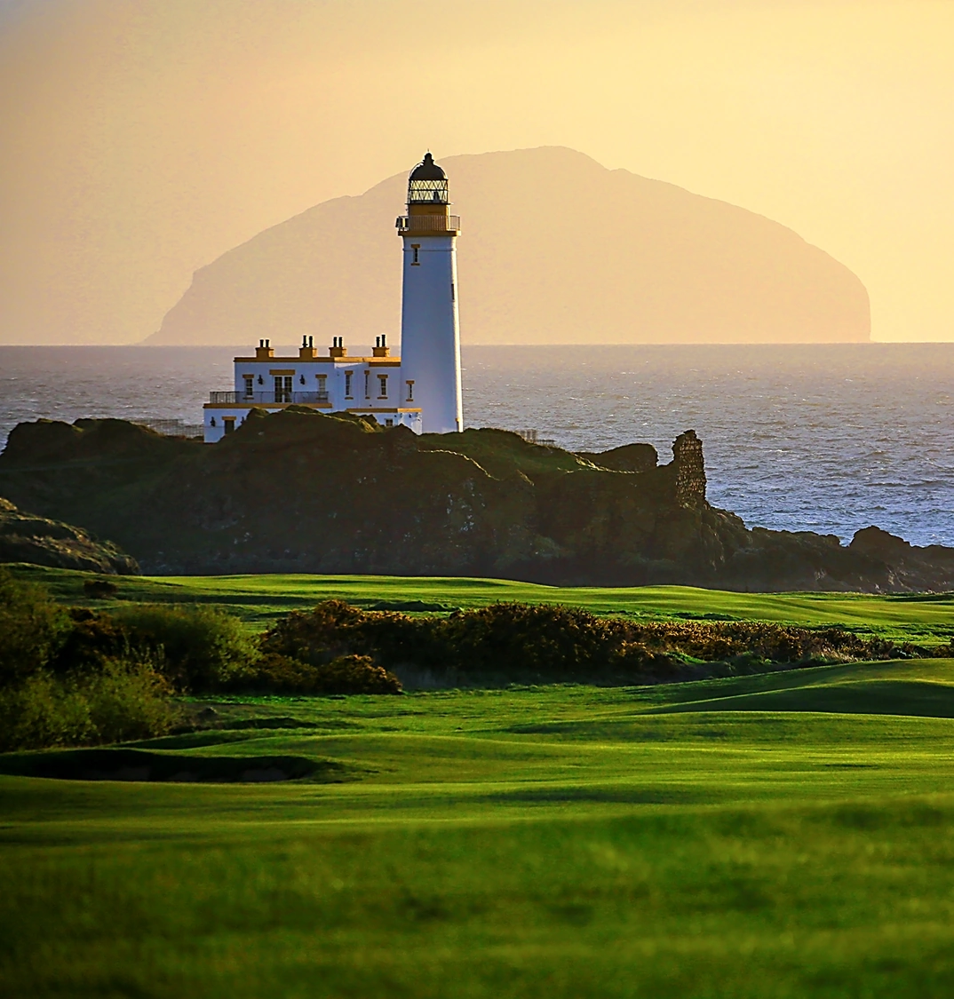 Ailsa Craig from Turnberry golf course, with lighthouse in middle ground