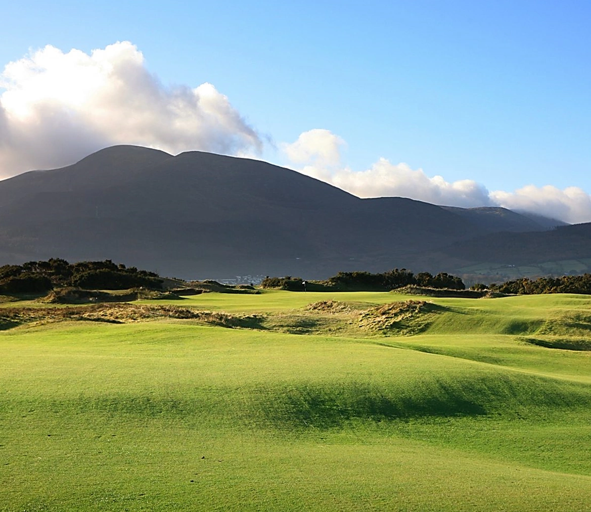 The approach shot to the 9th green at Royal County Down