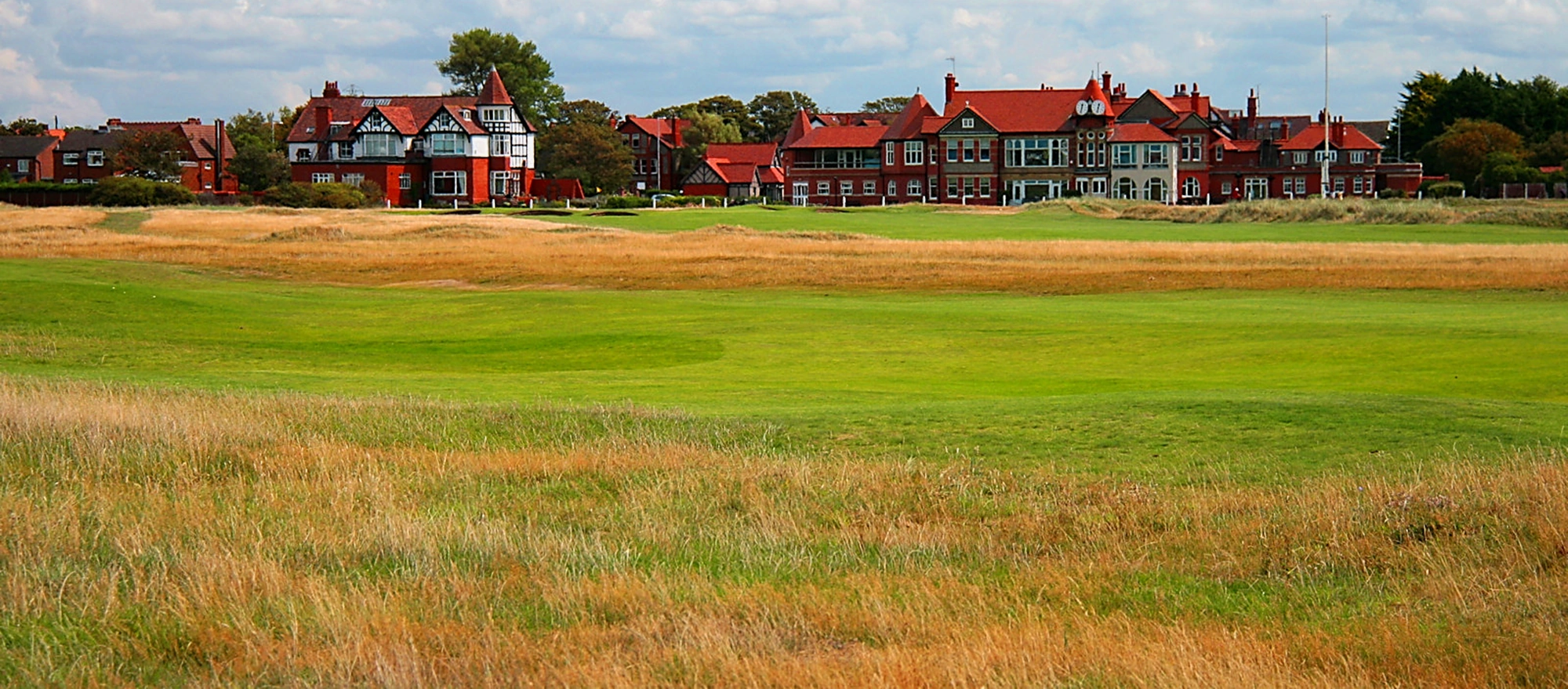 Looking across the fairways to the clubhouse at Hoylake