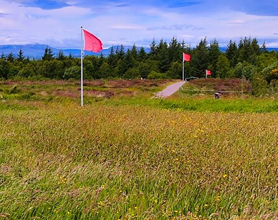 The Crowns line with red flags on the battlefield of Culloden