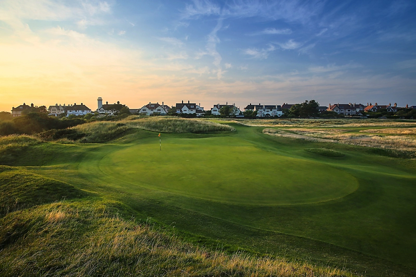 11th green at Hoylake looking back towards the houses and lighthouse