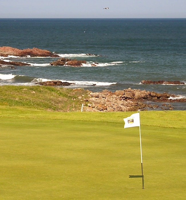 14th green at Crail Craighead course with rocks and waves in the background